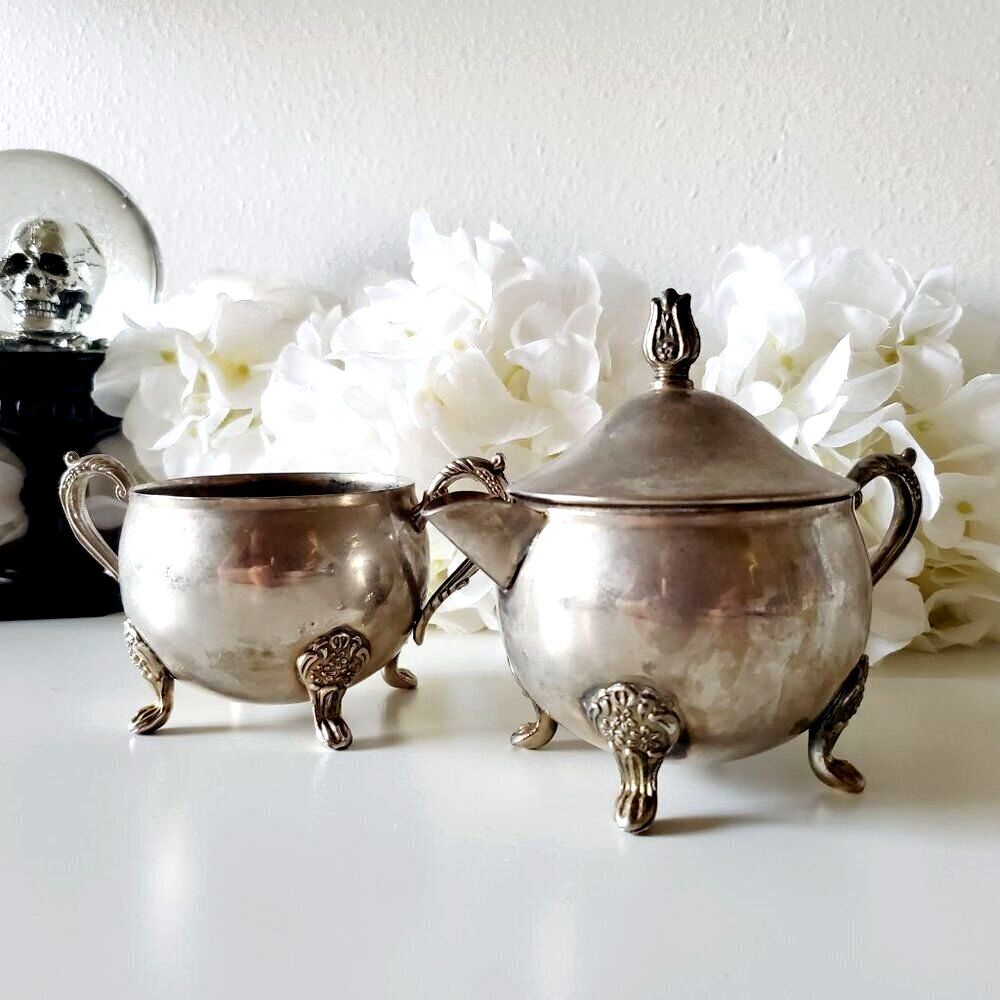 Vintage Victorian Silver Sugar Bowl and Creamer Set Decorative